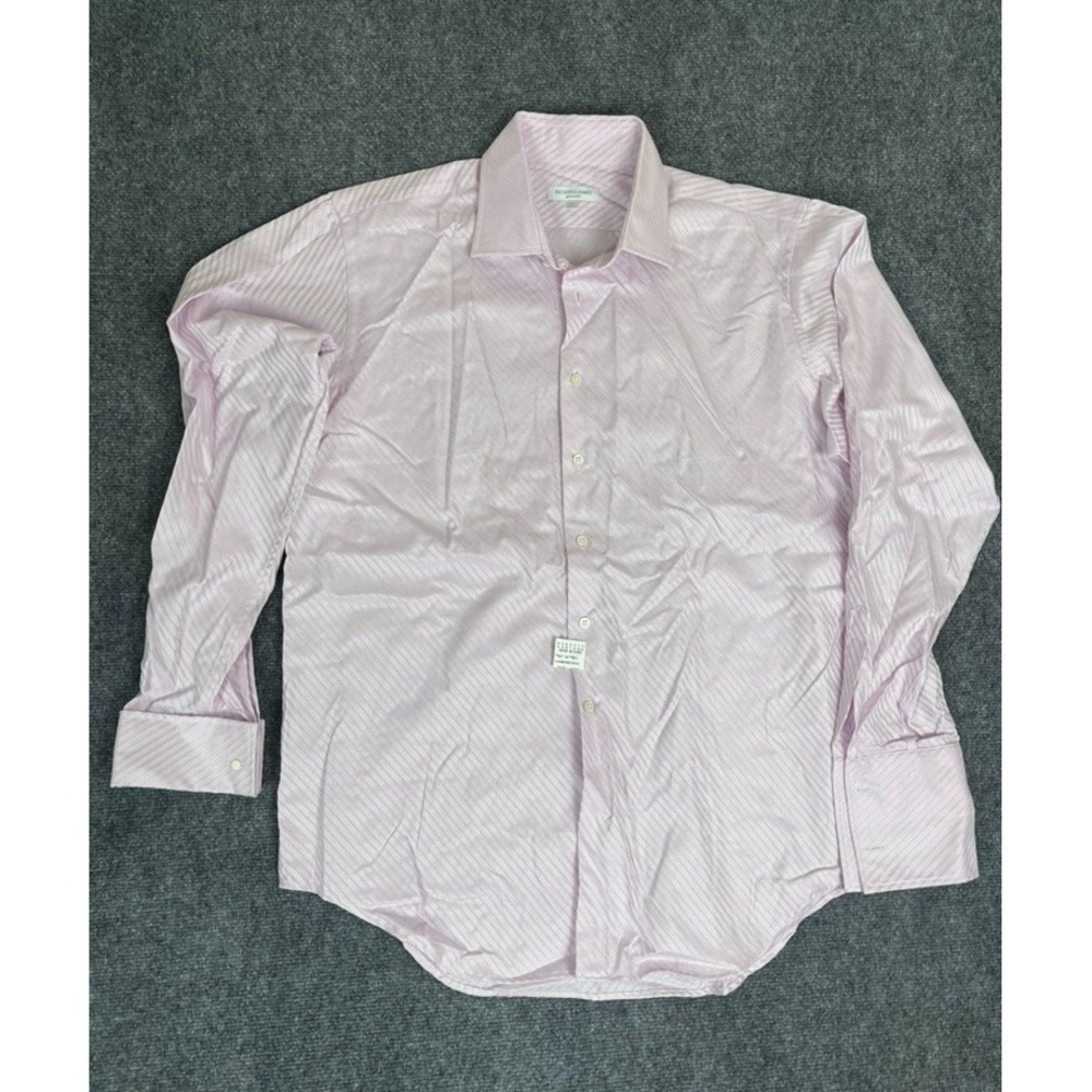 Richard‎ James Savile Row Pink White Striped French Cuf Button Up Size 17 1/2"